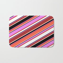 [ Thumbnail: Eye-catching Violet, Brown, Red, White & Black Colored Striped/Lined Pattern Bath Mat ]