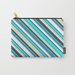 [ Thumbnail: Eye-catching Blue, Tan, White, Dark Slate Gray, and Cyan Colored Lined/Striped Pattern Carry-All Pouch ]