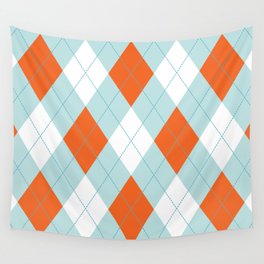 Aqua, Mint and Coral Orange Argyle Pattern Wall Tapestry