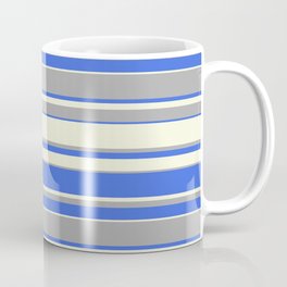 [ Thumbnail: Beige, Dark Grey & Royal Blue Colored Pattern of Stripes Coffee Mug ]