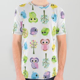 Cute funny pink yellow blue purple floral owl birds All Over Graphic Tee