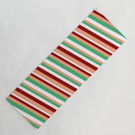 [ Thumbnail: Sea Green, White, Dark Red & Light Salmon Colored Lines/Stripes Pattern Yoga Mat ]
