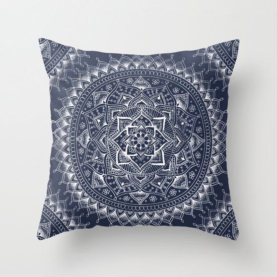 White Flower Mandala on Dark Blue Throw Pillow by Laurel Mae Society6