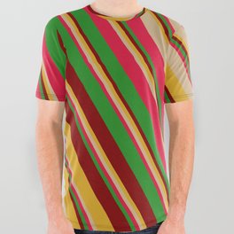 [ Thumbnail: Colorful Goldenrod, Tan, Crimson, Forest Green & Maroon Colored Striped/Lined Pattern All Over Graphic Tee ]