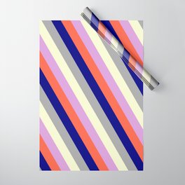 [ Thumbnail: Colorful Plum, Red, Blue, Dark Grey & Light Yellow Colored Lines/Stripes Pattern Wrapping Paper ]