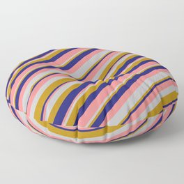 [ Thumbnail: Light Coral, Grey, Dark Goldenrod & Midnight Blue Colored Lines Pattern Floor Pillow ]