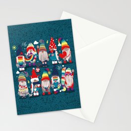 I gnome you // dark teal background little happy and lovely gnomes with rainbows vivid red hearts Stationery Card