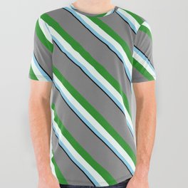 [ Thumbnail: Colorful Grey, Forest Green, Mint Cream, Sky Blue & Black Colored Pattern of Stripes All Over Graphic Tee ]