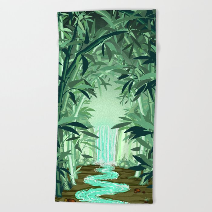 Fluorescent Waterfall On Surreal Bamboo Forest Beach Towel By