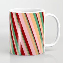[ Thumbnail: Brown, Light Pink, Dark Red, and Sea Green Colored Lines/Stripes Pattern Coffee Mug ]