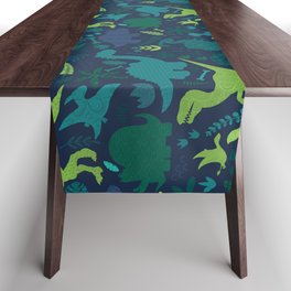 Dino Silhouette Doodle Pattern Green Table Runner