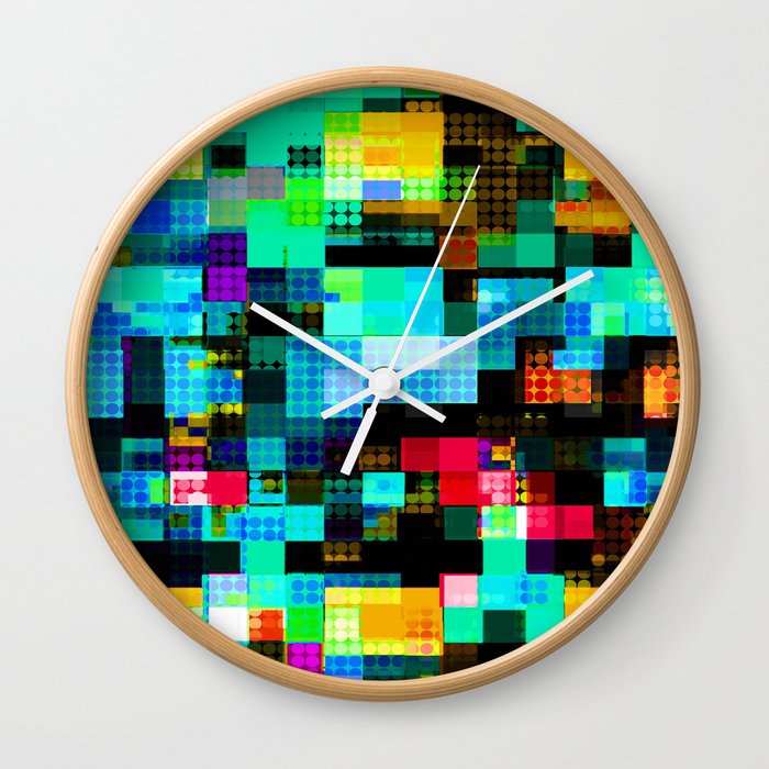 geometric pixel square pattern abstract background in blue green orange Wall Clock