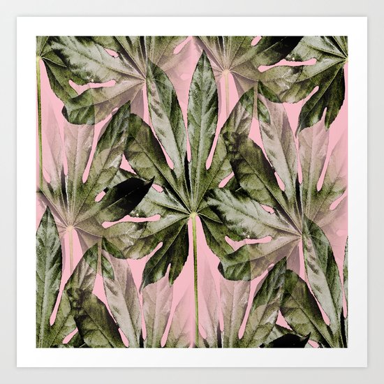 Large green leaves on a pink background - beautiful colors Art Print
