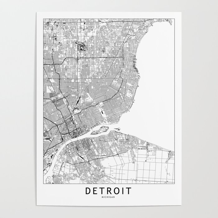 Detroit White Map Poster
