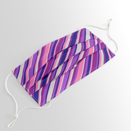 [ Thumbnail: Eye-catching Purple, Dark Orchid, Blue, Hot Pink & Light Grey Colored Lined Pattern Face Mask ]