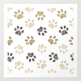 Doodle grey and gold paw print seamless fabric design repeated pattern background Art Print