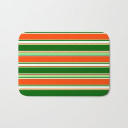 [ Thumbnail: Red, Light Green, Dark Green, and Mint Cream Colored Lined/Striped Pattern Bath Mat ]