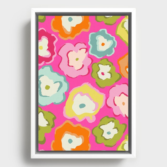 Abstract Colorful Matisse Summer Flowers On Shiny Pink Framed Canvas