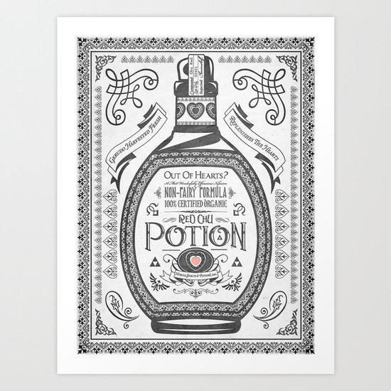 Legend of Zelda Red Potion Vintage Hyrule Line Work Letterpress Art Print
