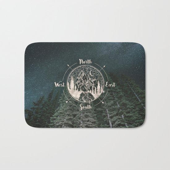Mountains Compass Milky Way Woods Gold Bath Mat