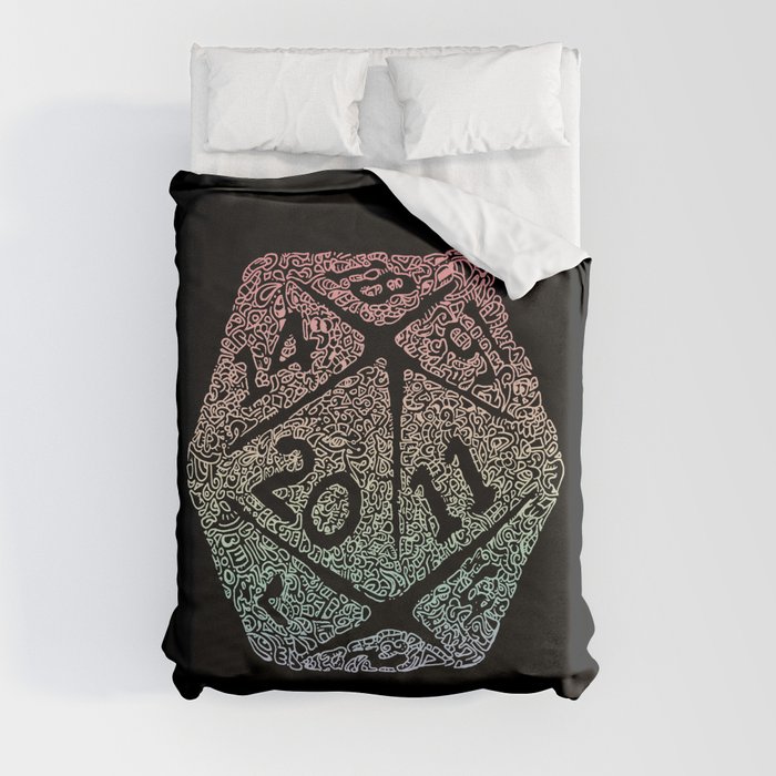 D20 for Gamers - Pastel Rainbow Gradient Icosahedron on Black Duvet Cover