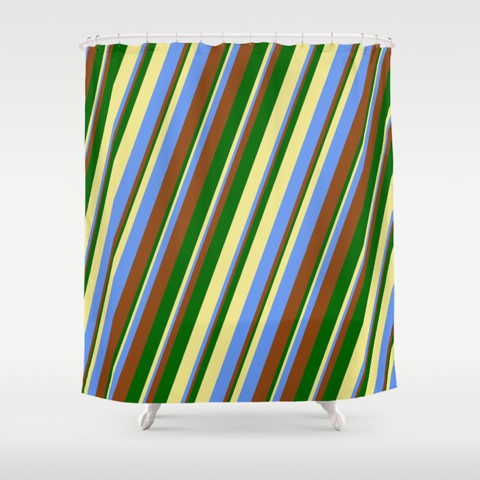 Tan, Cornflower Blue, Brown, and Dark Green Colored Lines/Stripes Pattern Shower Curtain