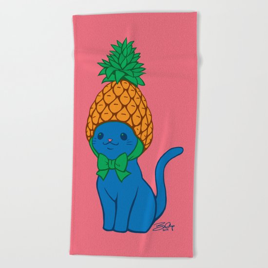 Blue Cat Wears Pineapple Hat Beach Towel