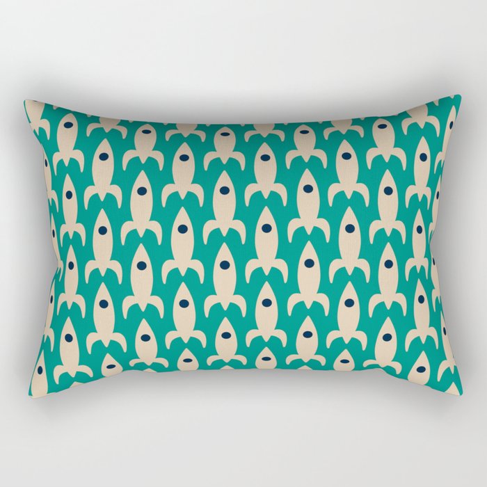 Space Age Rocket Ships - Atomic Age Mid-Century Modern Pattern in Mid Mod Beige and Turquoise Teal Rectangular Pillow