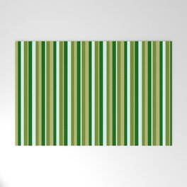 [ Thumbnail: Green, Dark Khaki, Dark Green & Light Cyan Colored Lined Pattern Welcome Mat ]