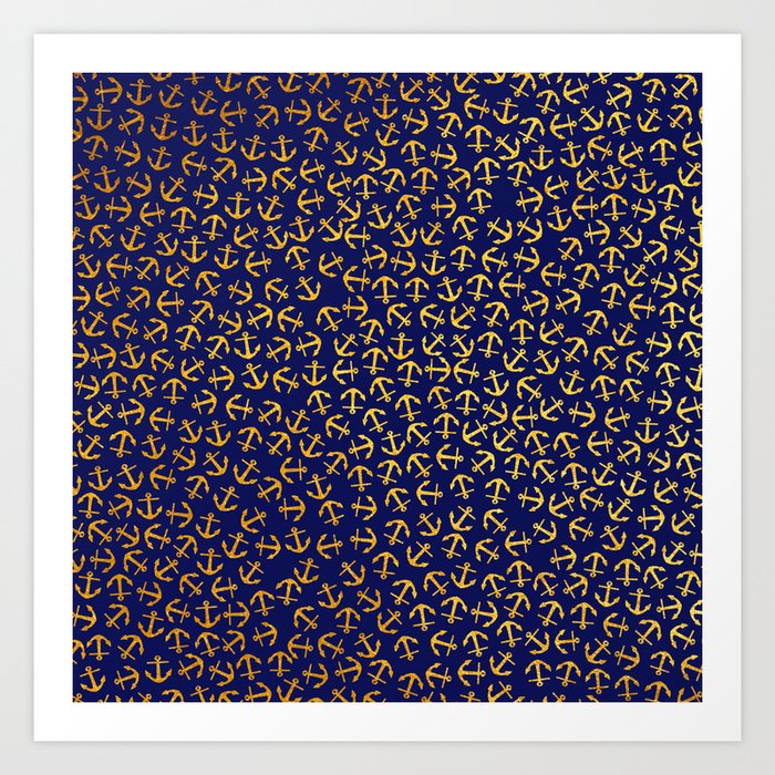 Maritime Anchors pattern - gold anchors on darkblue background Art Print
