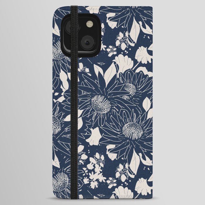Midnight Blue King Protea Pattern. iPhone Wallet Case