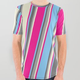 [ Thumbnail: Colorful Light Sky Blue, Dim Grey, Dark Grey, Beige, and Deep Pink Colored Pattern of Stripes All Over Graphic Tee ]