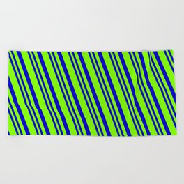 [ Thumbnail: Chartreuse & Blue Colored Lined Pattern Beach Towel ]