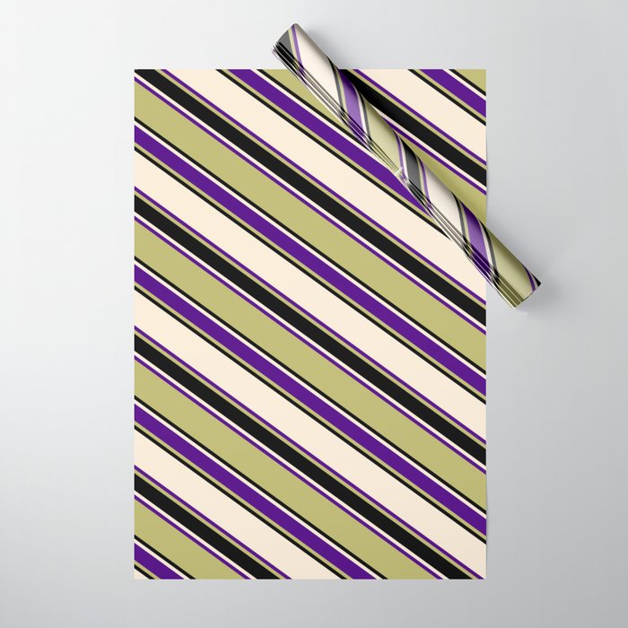 Beige, Indigo, Dark Khaki, and Black Colored Striped/Lined Pattern Wrapping Paper