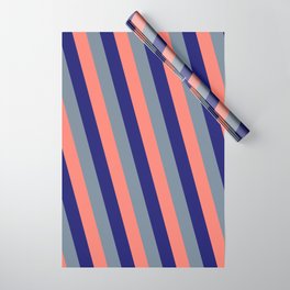 [ Thumbnail: Salmon, Midnight Blue, and Light Slate Gray Colored Pattern of Stripes Wrapping Paper ]