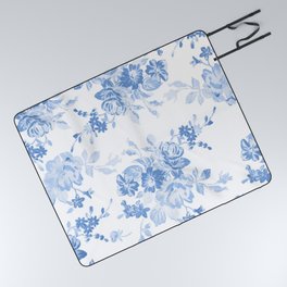 Modern navy blue white watercolor elegant floral Picnic Blanket