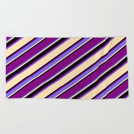 [ Thumbnail: Purple, Medium Slate Blue, Beige, and Black Colored Striped/Lined Pattern Beach Towel ]