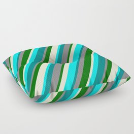 [ Thumbnail: Vibrant Gray, Dark Green, Light Yellow, Aqua, and Teal Colored Lines Pattern Floor Pillow ]
