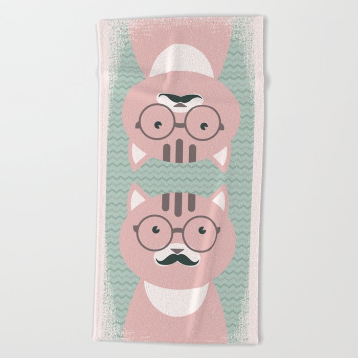Clever Cat Hipster Mustache Character Beach Towel
