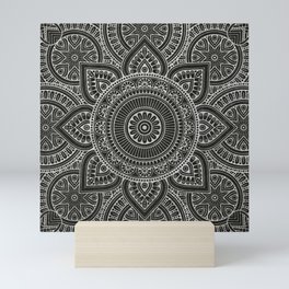 Silver mandala on black ink Mini Art Print