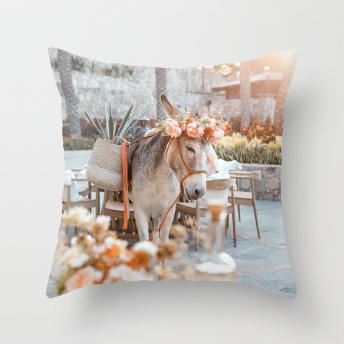 Donkey with Flower Crown Throw Pillow