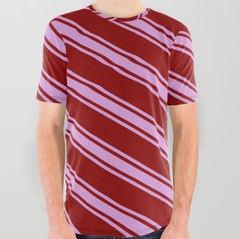 [ Thumbnail: Dark Red and Plum Colored Striped/Lined Pattern All Over Graphic Tee ]