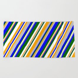 [ Thumbnail: Eyecatching Grey, Blue, Dark Green, White, and Orange Colored Stripes/Lines Pattern Beach Towel ]