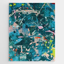 A Cause for Celebration: a colorful abstract design in blue, tan, and neon green by Alyssa Hamilton Art Jigsaw Puzzle