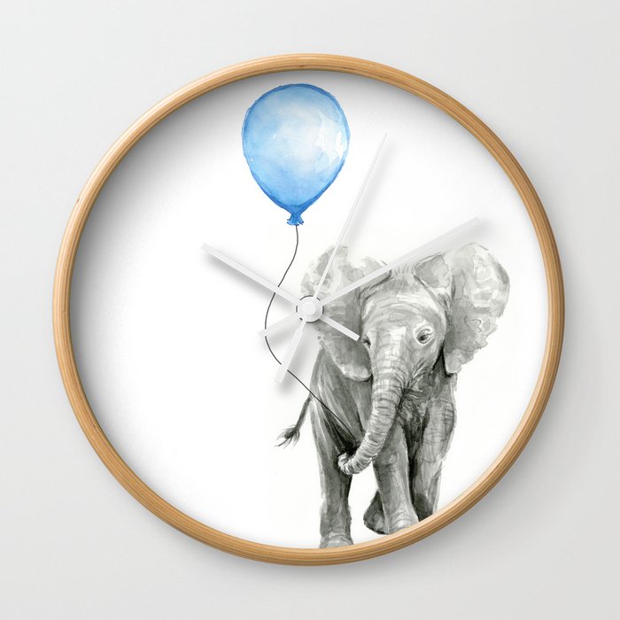 Baby Animal Elephant Watercolor Blue Balloon Baby Boy Nursery Room Decor Wall Clock