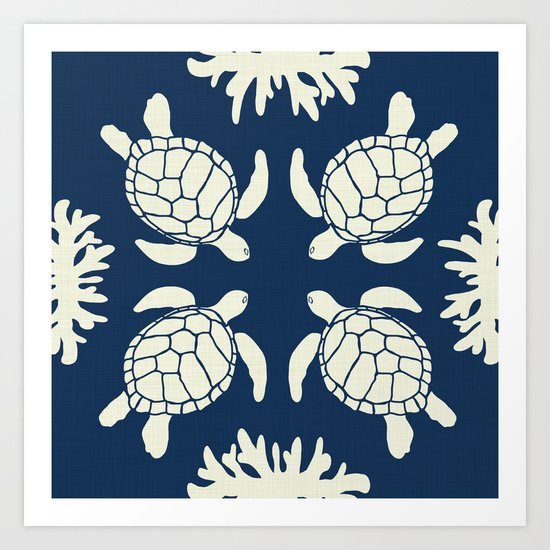 Sea Turtles on Indigo Linen Art Print