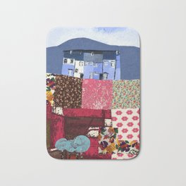 Houses in a Patch Bath Mat | Collage, Bluesky, Houses, Flowers, Garden, Victorian, Patchwork, Fabric, Painting 