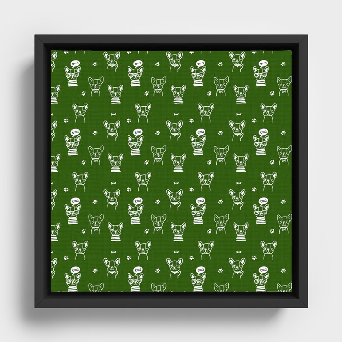 Green and White Hand Drawn Dog Puppy Pattern Framed Canvas