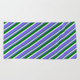 [ Thumbnail: Lavender, Medium Slate Blue & Green Colored Lines Pattern Beach Towel ]