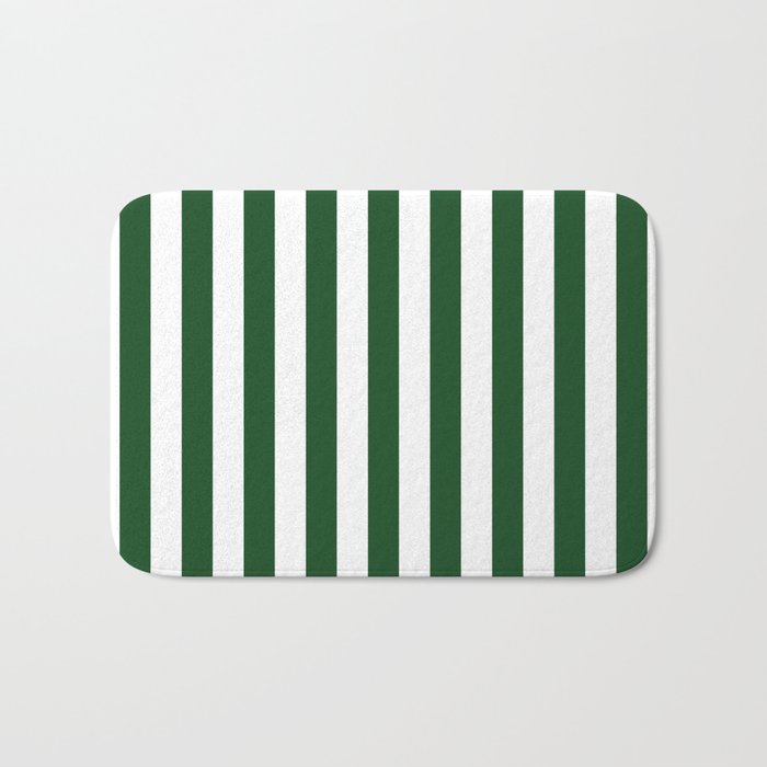 Large Forest Green and White Rustic Vertical Beach Stripes Bath Mat
